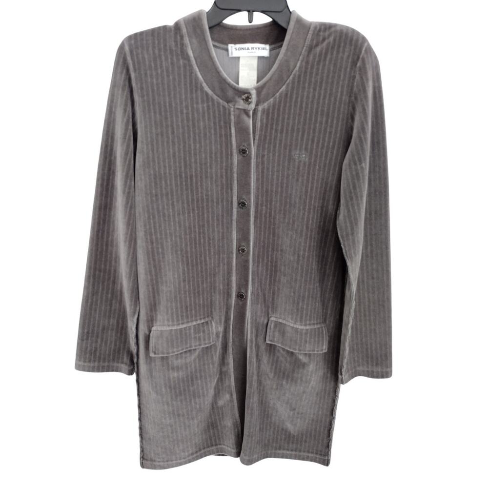 Vintage Sonia Rykiel Paris Gray Ribbed Velour Longline Button-Front Jacket Small